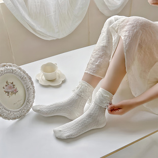Women's Mid-calf socks creamy-white Lolita lace women's socks with small leather shoes cute Japanese jk ribbon cotton socks