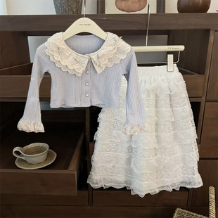 Girls' Spring Lace suit 2025 New Girl's Western Style Children's Cardigan Coat Western Style All-match Two Pieces