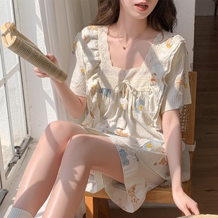 Women's Pajamas with Chest Pad Sling for Summer New Korean Style Sweet Simple Striped Thin Pure Cotton Home Clothes suit