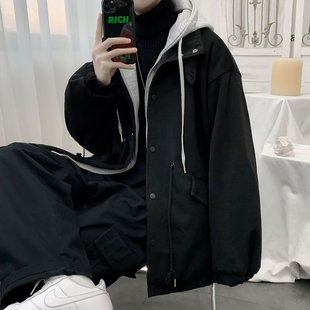 Woolen Jacket Coat Long-sleeved Hooded Fake Two-piece Stitching Design Sense oversize Autumn and Winter Frock fleece-lined Jacket