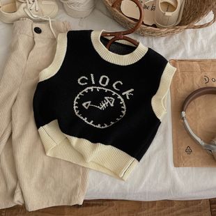 Benshu Boys and Girls Clock Jacquard Cartoon Contrast Pullover Sweater Vest Autumn and Winter New Children's Knitted Vest