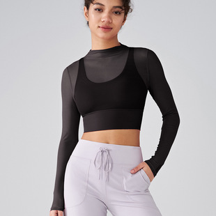 Cross-border new mesh yoga clothing long sleeve with chest pad running quick-drying sports bra all-in-one cup fitness clothing top