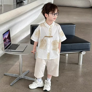 Children's Summer Wear Thin suit Summer New Style Duffy Handsome Western Boy Chinese Style Half Sleeve Shirt Two-piece Fashionable Set