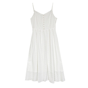 2025 Summer New French Style Gentle White Dress Jacquard Embroidered High Waist Slimming V-neck Sling Mid-length Dress for Women