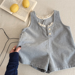 2025 Spring Girls' Corduroy Strappers for Baby Girls Korean-style Candy-colored Lace Western-style Jumpsuit Shorts Trendy