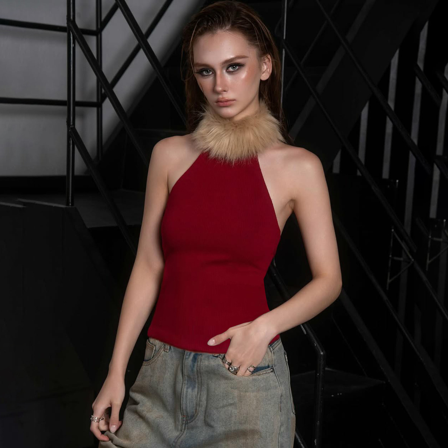 Trendy Hot Girl Style Fur Collar Patchwork Halter Neck Off-Shoulder Tank Top, Cross-Border European and American Style, Tight-Fitting Stretchy Short Sleeveless Top