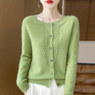 One-Line Ready-to-Wear Osmanthus Needle Round Neck Knitted Pure Wool Cardigan Women's 2024 Autumn and Winter New Solid Color Sweater Jacket
