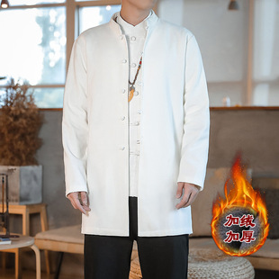 Chinese Style Autumn and Winter Cotton Linen fleece-lined Thickened Shirt Mid-length Coat Retro Chinese-white