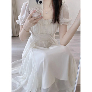 French Style Square Collar Sweet and Gentle Fairy Style dress Women's Summer New Women's Wear Tight Waist Slimming Mid-length Skirt