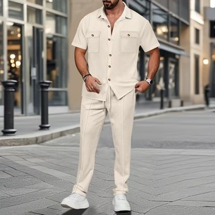 2025 Cross-border Men's European and American Independent Station Summer New Solid Color Button Pocket Shirt Short-sleeved Pants Two-piece Set