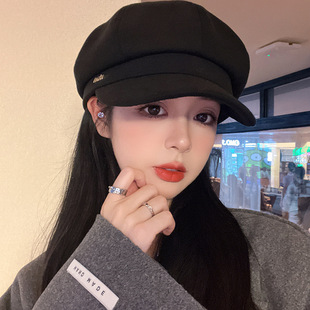 Showing face small black octagonal cap women's Korean fashion autumn and winter 2023 new all-match painter cap duck tongue beret