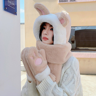 Autumn and winter hat scarf gloves all-match Cute Bunny plush scarf warm student three-piece set female