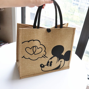 Fashion Women Portable Linen Cloth Bag Vintage Handbag Large Capacity Work Canvas Bag Cartoon Shoulder Tote Bag