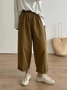 Solid Color Cotton Back Pocket Straight Pants for Autumn 2024 New Arrival Loose Waist Loose Basic Women's Casual Trousers