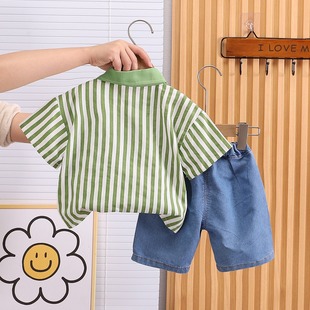 Boys' Piece Vertical Shirt Short-sleeved suit 2025 Summer New Boys' Casual Denim Shorts Two-piece Set