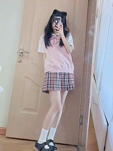 Early Autumn Sweet Style Wear V-Neck Sleeveless Vest Vest Basic Short Sleeve Top for School White Peach Fragrance Skirt