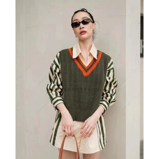 Stitching wool vest striped shirt Women's Autumn 2023 French retro wool fake two-piece shirt long sleeve