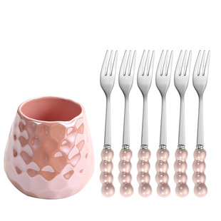 Ceramic Pearl 304 Fruit Fork Household Cake Snack Fork suit Internet Celebrity Dessert Fork Ins Style Storage Jar