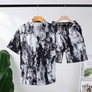Summer plus size cool feeling drape ice silk short sleeve shirt five shorts two-piece suit men's fashionable ruffian handsome one