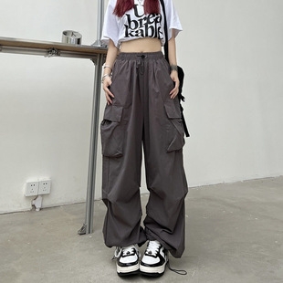 2024 New Design High Street overalls women's loose straight wide leg large pocket casual retro ankle-tied pants fashion