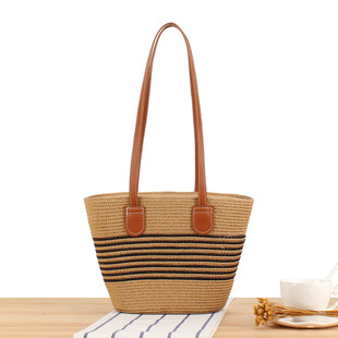 Temperament Large Capacity Straw Woven Bag 2024 New Arrival Hand Woven Bag Shoulder Underarm Bag Fashion Striped Women's Bag