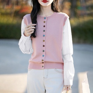 2025 Spring and Autumn Crewneck Stitching Fake Two-piece Cardigan Women's Casual All-match Color Button Top Trendy Color Matching Long-sleeved Sweater