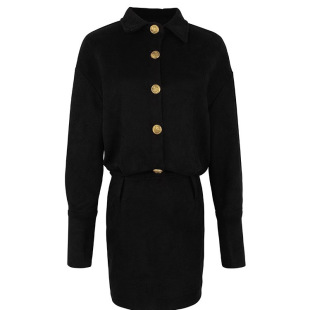 Black Polo Collar Long-sleeved Shirt dress Women's Spring and Autumn Suede Slim Look Short Skirt Elegant Tight Waist Hip Skirt