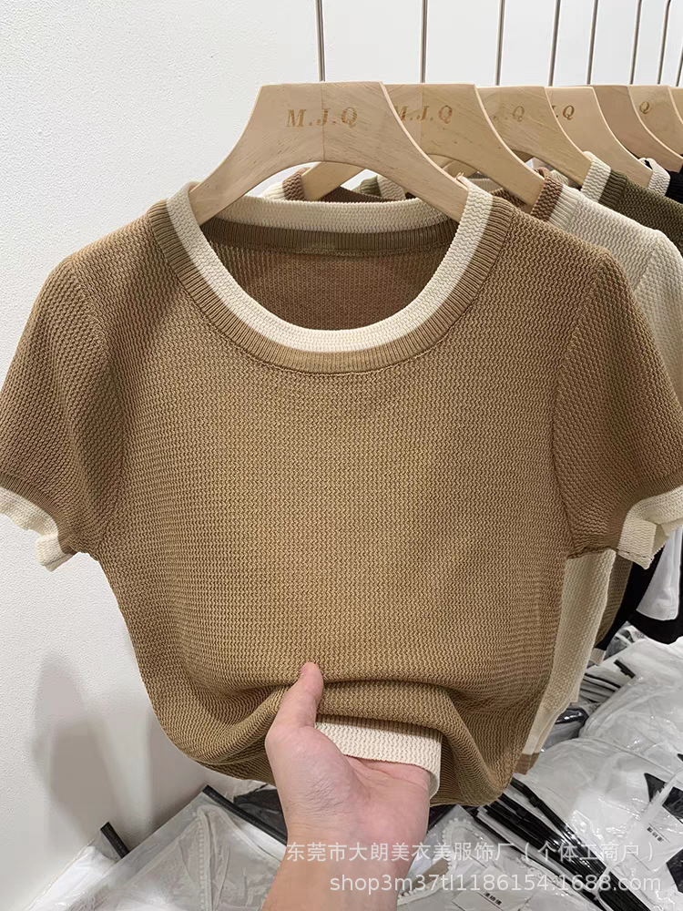2025 Summer Korean Knitted Sweater Short-sleeved New Round Neck Contrast Color French Slim-fit Slimming Top Women's Base Shirt