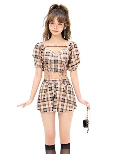 Women's swimsuit summer 2023 new retro plaid high waist split skirt conservative small chest belly covering slimming student swimsuit