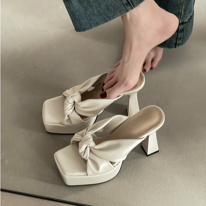 Fashion Elegant Bow Women's Thick Heel Slippers Summer French Retro Height-increasing Slimming High Heel Sandals