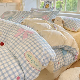 Class A maternal and infant grade cotton four-piece bedding small fresh pure cotton quilt cover bed hat dormitory bed sheet three-piece set