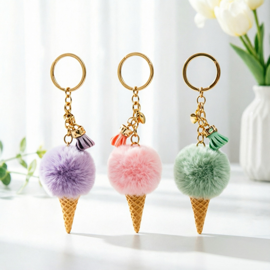 Simulated Ice Cream Keychain, Cute Bag Plush Pendant, Cone Car Key Chain Ring, Fur Ball Mobile Phone Pendant