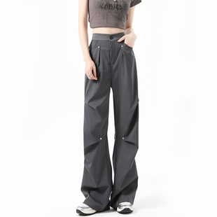 American Gray Overalls Women's Summer New Korean Style Niche Loose Straight Leg Casual Sports Wide Leg Pants