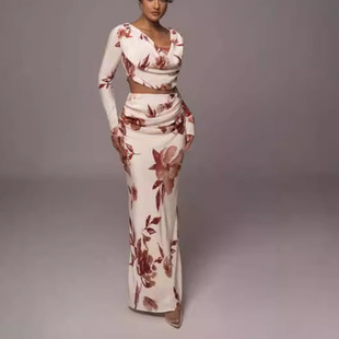European and American Sexy Women's Cross-border Amazon New Sexy Long-sleeved Low-cut Printed Dress Set