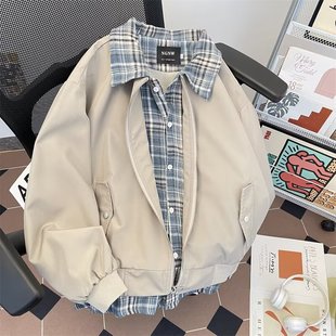 Fake two-piece plaid stitching jacket jacket men's spring American retro loose casual couple jacket a generation of hair