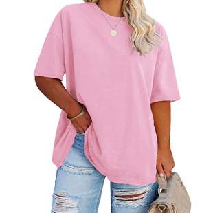 2024 Europe and the United States cross-border Amazon wish foreign trade women's summer plus size loose round neck solid color short sleeve T-shirt women