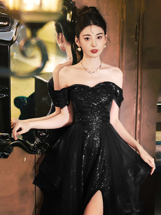 off-shoulder black dress women's 2024 new summer high-end annual meeting host art exam banquet light luxury evening dress