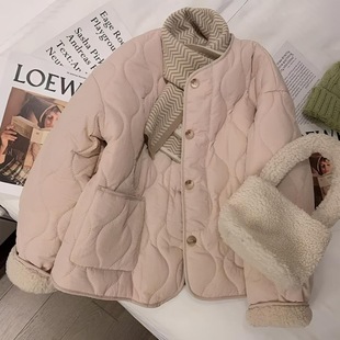 2024 pink rhombus imitation lamb fleece cotton-padded jacket women's Korean-style thickened round neck coat cotton-padded jacket