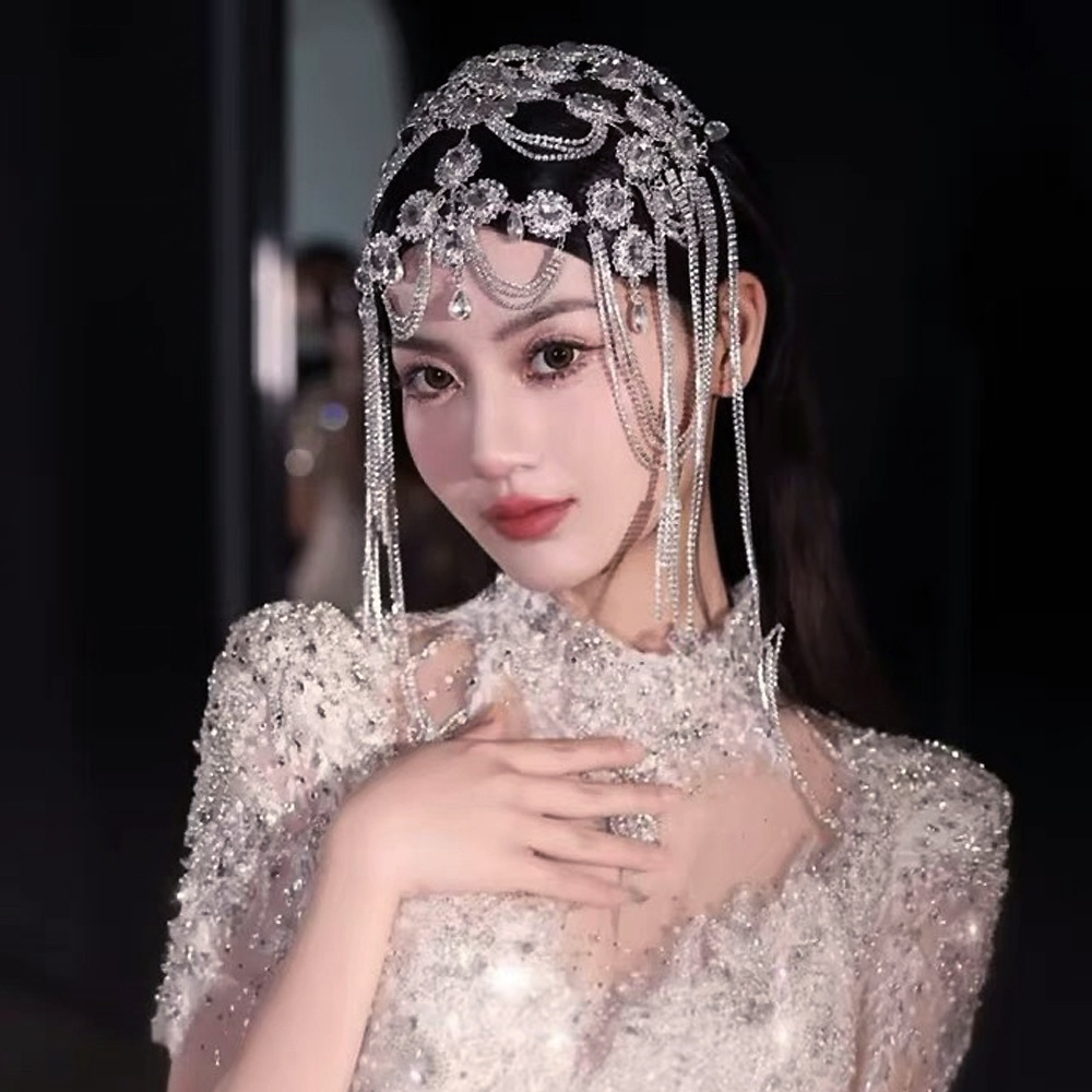 Light Luxury Full Diamond Tassel Forehead Ornament Hair Crown, Exotic Style Hair Accessories for Brides, Wholesale Accessories for Photo Shoots and Stage Styling