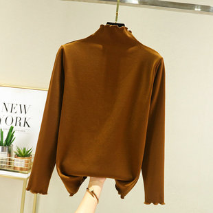 Fungus Flush Half High Collar Autumn and Winter Women's Korean Long Sleeve Base Shirt Fleece-Lined Top Fleece Heating Warm T-Shirt