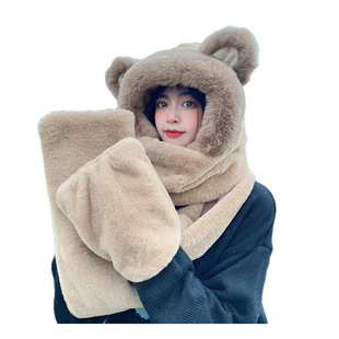 Double-layer 2024 Thickened Warm Scarf One-piece Hooded Scarf Winter Gloves Three-piece Super Thick Hat for Women in Winter