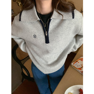 "korean School Art Student" Gray Embroidered Sweater Women's Spring and Autumn High-quality Half Placket Sweater
