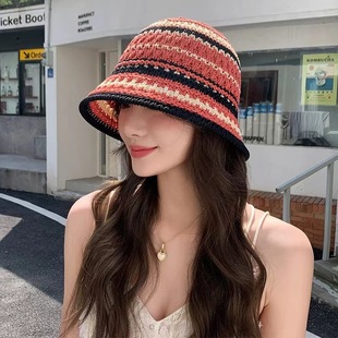 Hat Summer Women's Striped Knitted Hollow Fisherman Hat Breathable Thin Sun Hat Fashion Basin Hat Bucket Sun Hat