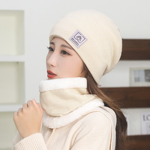Winter Cold-proof fleece-lined Neck Set Hat Two-piece Set Women's Travel Ear Protection Warm Knitted Hat Square Standard Wool Hat Winter