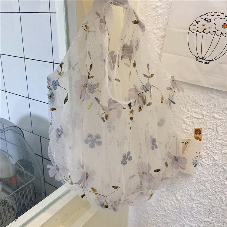 03281 Korean style semi-transparent silk mesh embroidered flower bag, floral fairy-like fresh and cute mesh tote bag