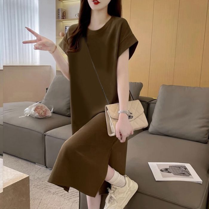 여성을위한 중간 길이 무릎 길이 대형 반팔 드레스 여름 캐주얼 새로운 느슨한 대형 솔리드 컬러 슬릿 티셔츠 드레스