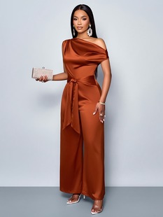 2025 Summer European and American Cross-Border Amazon Ebay European and American Solid Color Fashion Slim Fit Slant Collar Button Women's Jumpsuit