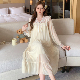 Pajamas with breast pads Spring and Autumn Mesh Nightdress Lace Court Retro Princess Pure Long Sleeve Long Dress Home Clothes