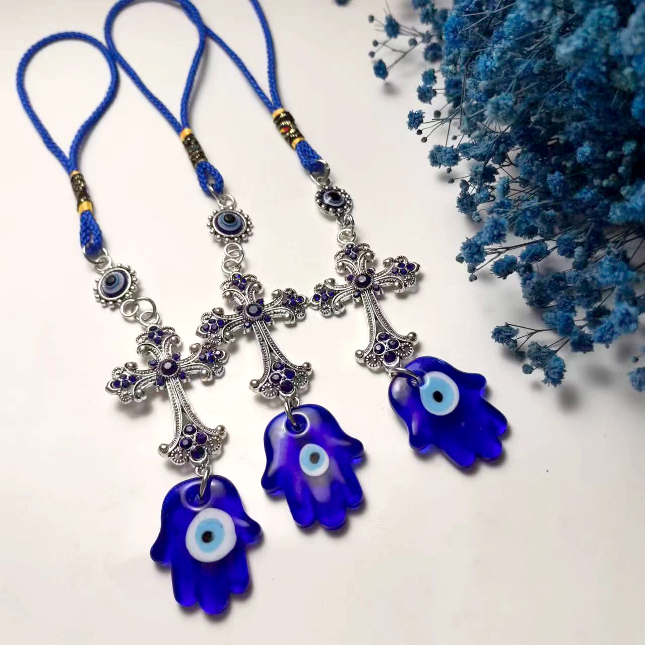 Specially Designed for the Devil's Eye, Turkish Blue Eye Diamond-Encrusted Cross Good Luck Decoration Pendant, Car Hanging Ornament, Bag Hanging Ornament