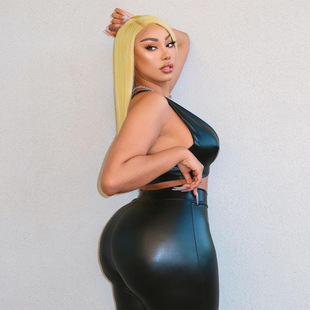 European and American style cross-border 2024 spring and summer new deep V-neck vest sexy hip slim pants fashion women PU suit